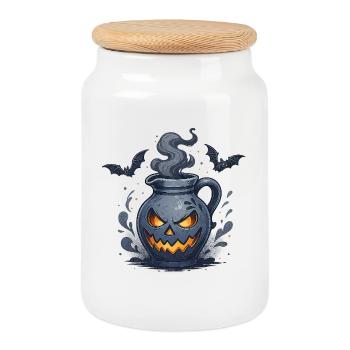 Halloween Bembel – Design d’horreur en toile de jute - Boîte à biscuits avec couvercle en bois - blanc - Devant