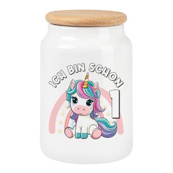 1er anniversaire Licorne Arc-en-ciel Mignon Mignon - Boîte à biscuits avec couvercle en bois - blanc - Devant