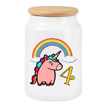Rainbow Unicorn - Four Year Old 4 Years - Cookie Jar with Wooden Lid - white - Front
