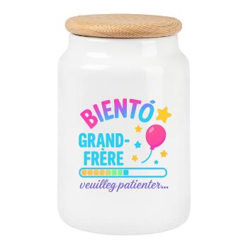 Bientôt Grand Frère en Attente - Boîte à biscuits avec couvercle en bois - blanc - Devant