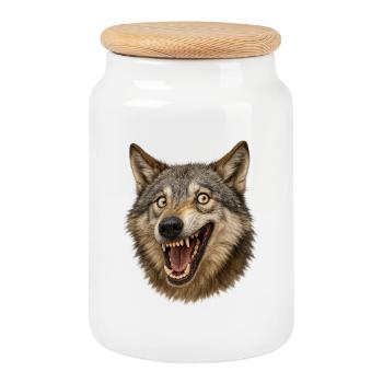 Tête de loup Bouche sauvage - Boîte à biscuits avec couvercle en bois - blanc - Devant