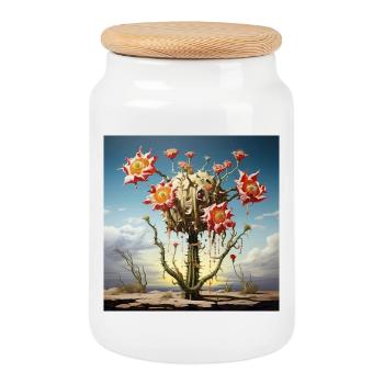 S surrealer Kaktus mit riesigen Blüten - Keksdose mit Holzdeckel - Weiß - Vorne