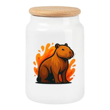 Kapybara in flames illustration - Cookie Jar with Wooden Lid - white - Front