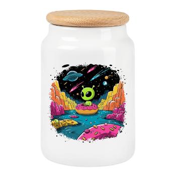 Petit extraterrestre sur beignet dans un cosmos coloré - Boîte à biscuits avec couvercle en bois - blanc - Devant