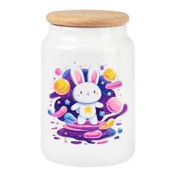 Vol d’étoile de lapin cosmique - Boîte à biscuits avec couvercle en bois - blanc - Devant
