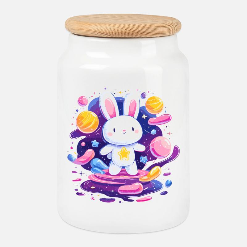 Cosmic Rabbit Star Flight - Cookie Jar with Wooden Lid - white