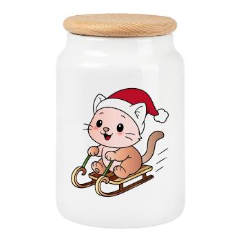 Ugly Christmas Katze auf dem Schlitten - Keksdose mit Holzdeckel - Weiß - Vorne