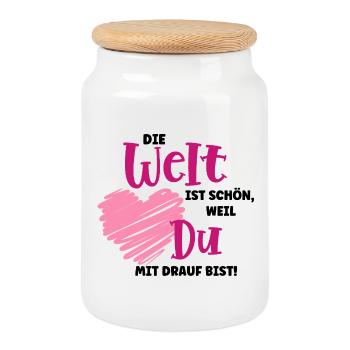 The world is beautiful – declaration of love - Cookie Jar with Wooden Lid - white - Front