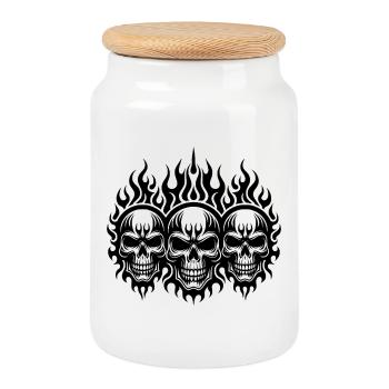 Three Fierce Skull Flames Tattoo Tribal Style - Cookie Jar with Wooden Lid - white - Front