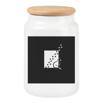 Paw Path Cat Silhouette - Cookie Jar with Wooden Lid - white - Front