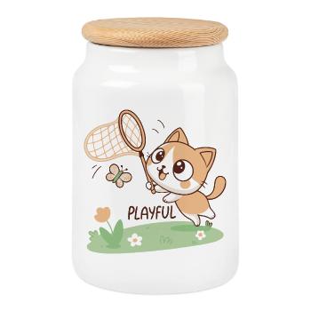 Chaton joueur et papillon - Boîte à biscuits avec couvercle en bois - blanc - Devant