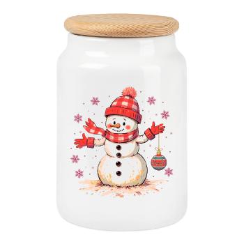 Bonhomme de neige de Noël avec chapeau et écharpe - Boîte à biscuits avec couvercle en bois - blanc - Devant