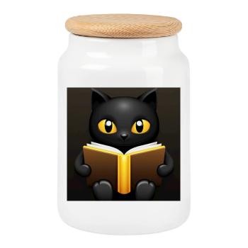 Chat Noir Magique avec Or - Boîte à biscuits avec couvercle en bois - blanc - Devant