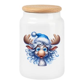 Joyeux Noël d’orignal – motif de dessin animé d’hiver - Boîte à biscuits avec couvercle en bois - blanc - Devant