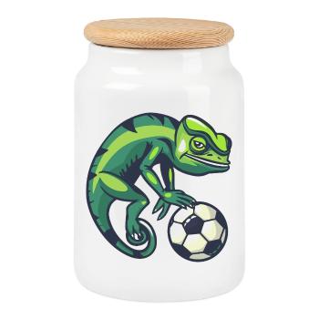 Gecko with football - Cookie Jar with Wooden Lid - white - Front