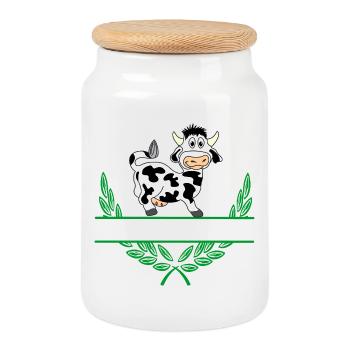 Cow Laurel Wreath with Namespace - Cookie Jar with Wooden Lid - white - Front