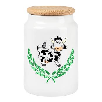 Cute Cow in Green Laurel Wreath - Cookie Jar with Wooden Lid - white - Front