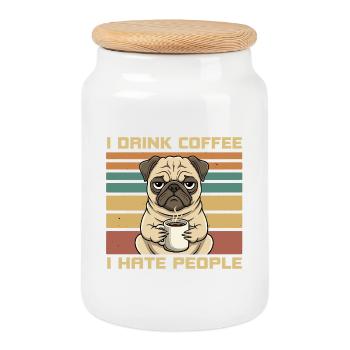 Funny Grumpy Pug Drink Coffee and Hate People - Boîte à biscuits avec couvercle en bois - blanc - Devant