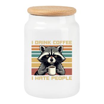 Grumpy Funny Raccoon Drink Coffee and Hate People - Boîte à biscuits avec couvercle en bois - blanc - Devant