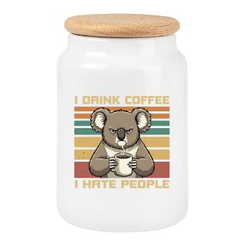 Grummeliger lustiger Koala trinken Kaffee und hassen Menschen - Keksdose mit Holzdeckel - Weiß - Vorne