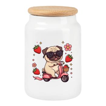 Cool Pug Scooter Rider Kawaii Summer Art - Cookie Jar with Wooden Lid - white - Front