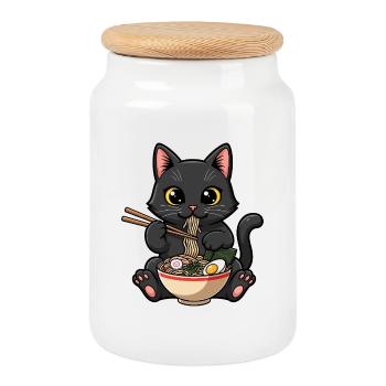 Schwarze Katze gierige Ramen - Keksdose mit Holzdeckel - Weiß - Vorne