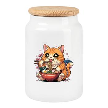 Kawaii Ramen-Katzenberg Fuji - Keksdose mit Holzdeckel - Weiß - Vorne