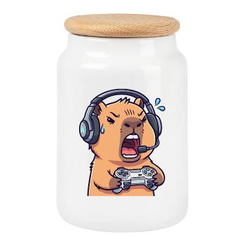 Capybara Gamer Edgy - Video Game Humor T-Shirt - Cookie Jar with Wooden Lid - white - Front