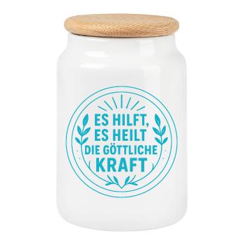 Es hilft, es heilt die göttliche Kraft - Keksdose mit Holzdeckel - Weiß - Vorne