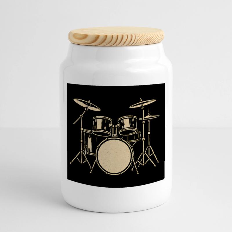 Black Silver Drumset Illustration Cookie Jar with Wooden Lid