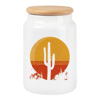 Saguaro Cactus – Motif rétro du soleil du désert - Boîte à biscuits avec couvercle en bois - blanc - Devant