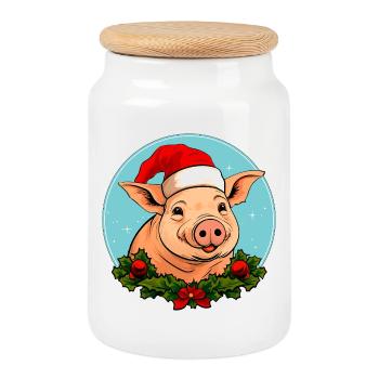 Cochons Noël - Boîte à biscuits avec couvercle en bois - blanc - Devant