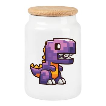 Pixel Dino – Lila Cartoon T-Rex - Keksdose mit Holzdeckel - Weiß - Vorne
