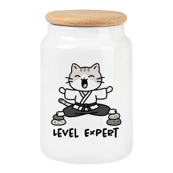 Zen-Karate-Sensei-Katze - Keksdose mit Holzdeckel - Weiß - Vorne