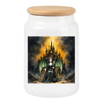 Winged sorceress before castle - Cookie Jar with Wooden Lid - white - Front
