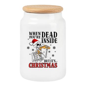 Skeleton sings Christmas in Santa hat - Cookie Jar with Wooden Lid - white - Front