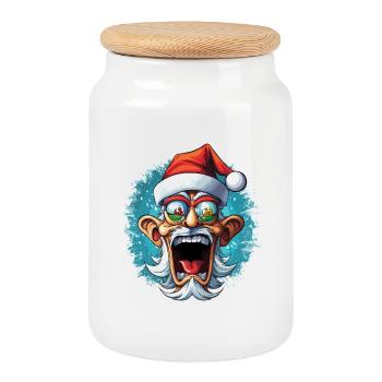 Crazy Santa with Glass Eyes - Cookie Jar with Wooden Lid - white - Front