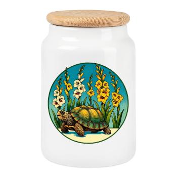 Sonnenbeschienene Schildkröte im Blumenbeet - Keksdose mit Holzdeckel - Weiß - Vorne