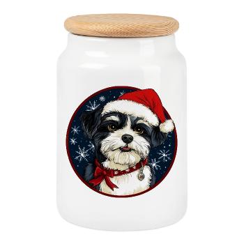 Chien Père Noël - Boîte à biscuits avec couvercle en bois - blanc - Devant