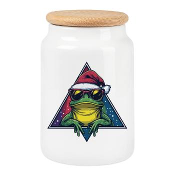 Frog in the Santa Triangle - Cookie Jar with Wooden Lid - white - Front
