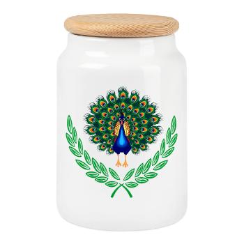 Peacock in Green Laurel Wreath - Cookie Jar with Wooden Lid - white - Front