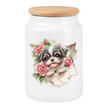 Fleurs vintage Shih Tzu - Boîte à biscuits avec couvercle en bois - blanc - Devant