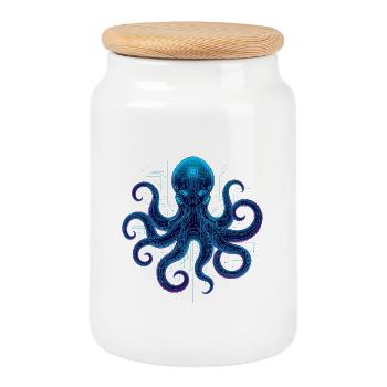 Cyberneon Octopus circuits - Cookie Jar with Wooden Lid - white - Front