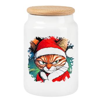 Christmas cat - Cookie Jar with Wooden Lid - white - Front