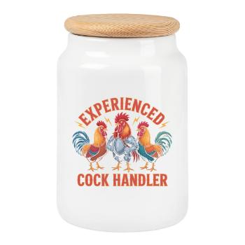 Experienced Cock Handler - Funny T-Shirt - Cookie Jar with Wooden Lid - white - Front