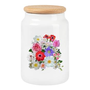 Summer Flower Bouquet - Cookie Jar with Wooden Lid - white - Front