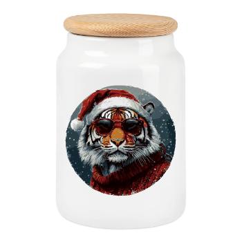 Noël Tigre Drôle de Noël - Boîte à biscuits avec couvercle en bois - blanc - Devant