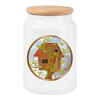 Cozy treehouse in the treetop - Cookie Jar with Wooden Lid - white - Front