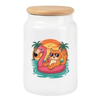 Funny Cat Tropical Summer Flamingo Float - Cookie Jar with Wooden Lid - white - Front
