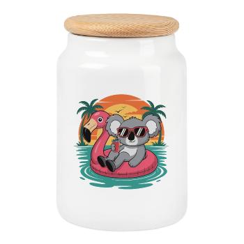 Funny Koala Tropical Summer Flamingo Float - Cookie Jar with Wooden Lid - white - Front